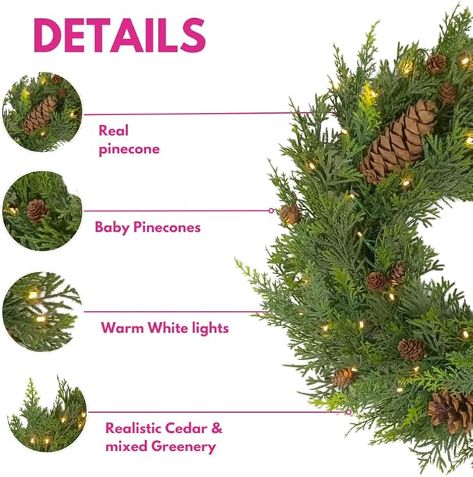 Natural Cedar Set : 1 24 inch Wreath 2 Pieces of 8 ft Garland; Mixed Greenery, Cedar, and Real Pinecones, Battery Operated, Indoor Outdoor Holiday Decor