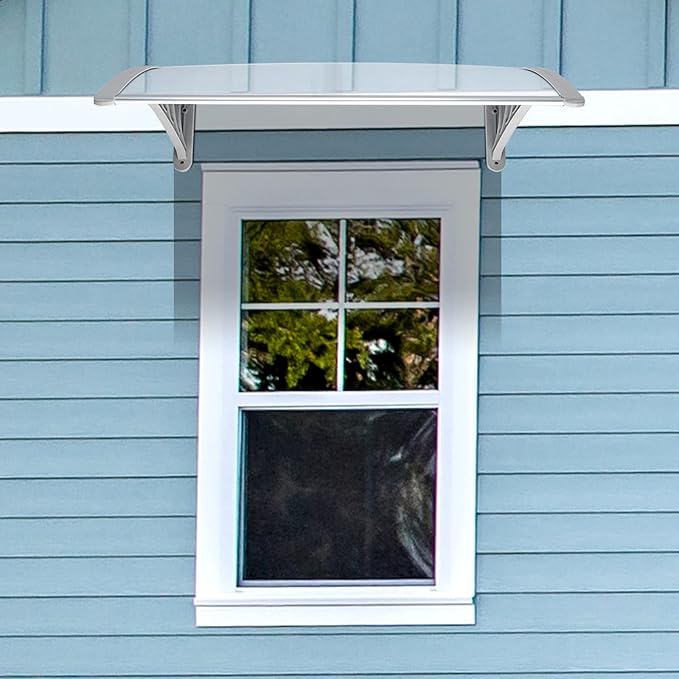 Window Awning Door Canopy Exterior- 38" x 40" Aluminum Door Awning, Polycarbonate Cover Patio Canopy Awning for House, Outside, Rain Snow & UV Resistant (Clear Board & Grey Bracket)