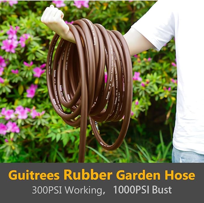 Garden Hose 25FT x 5/8, Heavy Duty Rubber Hose, Water Hose with Five Layered Braiding, Male to Female Fittings, 1000PSI Burst, 300PSI Working (Brown)