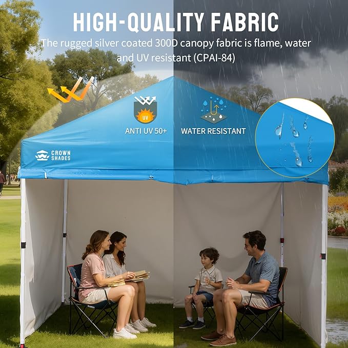 CROWN SHADES 10X10 Comercial Instant Canopy Pop Up Tent with Center Lock (10x10 with 4 Sidewalls, Sky Blue)