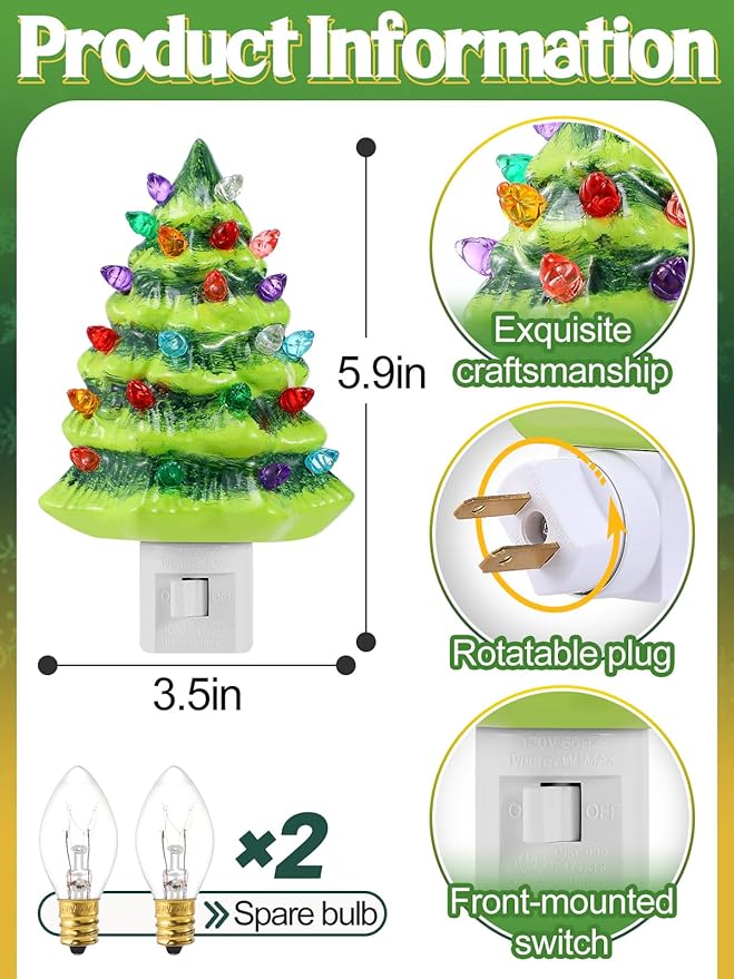 Bigmeta 2 Pack Vintage Christmas Tree Night Light Decor - 360° Rotating Plug Resin Decorations for Home Bedroom Bathroom Christmas Holiday Gifts, Green