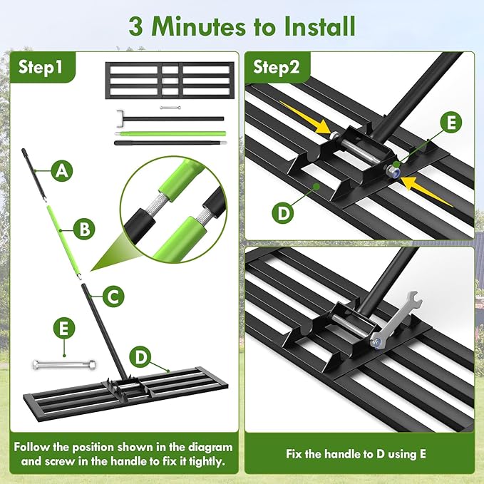 Seeutek Lawn Leveling Rake, 45” x 10” Lawn Leveler with 6.5FT Durable Handle Rakes for Lawns, 0-180° Adjustable Ground Leveler Tool for Yard, Level Soil Sand Dirt Surfaces