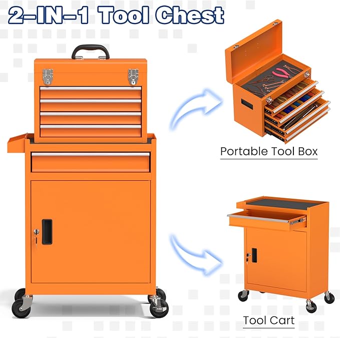 Rolling Tool Box with Wheels, 5-Drawer High Capacity Tool Chest with Wheels, Removable Storage Toolbox with Lock for Garage, Workshop (Orange)