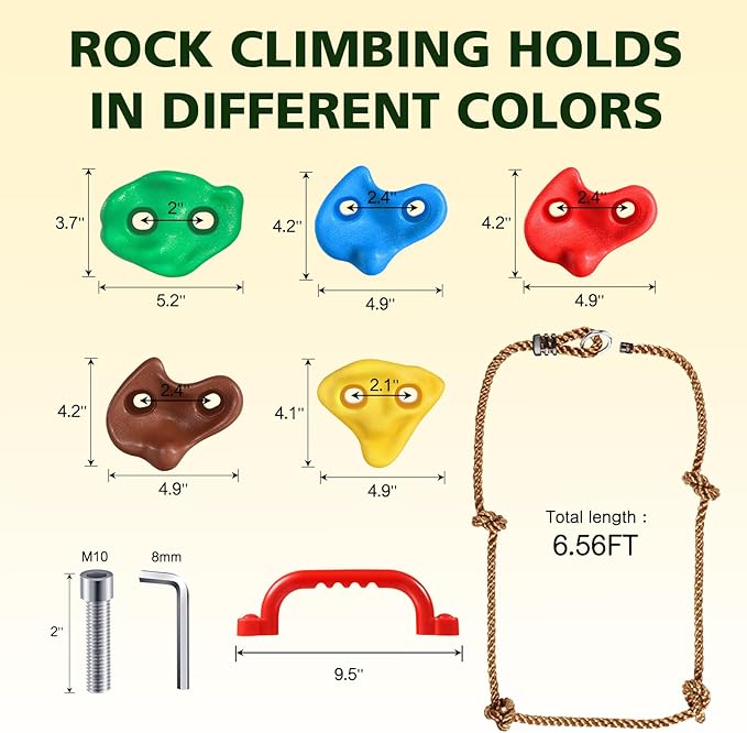 TOPNEW 20 PCS Rock Climbing Holds for Kids, Rock Wall Holds with 6.56 Ft Climbing Rope and 2 Handles, Rock Wall Climbing Kit for Indoor and Outdoor Playset - Includes Mounting Hardware