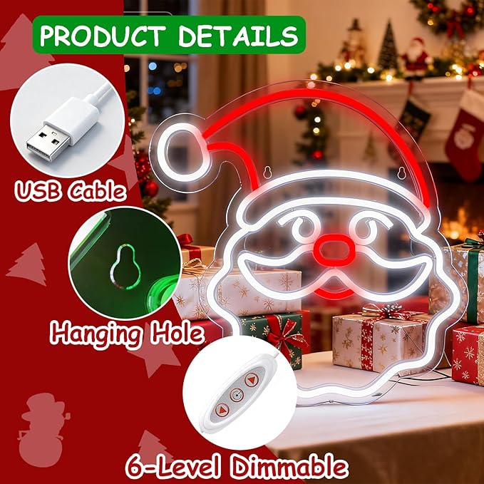 Christmas Home Decor Santa Claus Neon Sign Led Neon Christmas Lights Ornaments Tree Decorations Outdoor Neon Signs for Wall Decor USB Powered Led Neon Signs for Room Decoration
