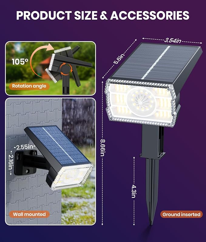 8-Pack Solar Spot Lights Outdoor Multicolor IP65 Waterproof RGB - 6 Colors, 10 Modes, 105° Adjustable 58 LED Flood Lights, Solar Powered Christmas Spotlights for Yard/Garden/Landscape Lighting Outside