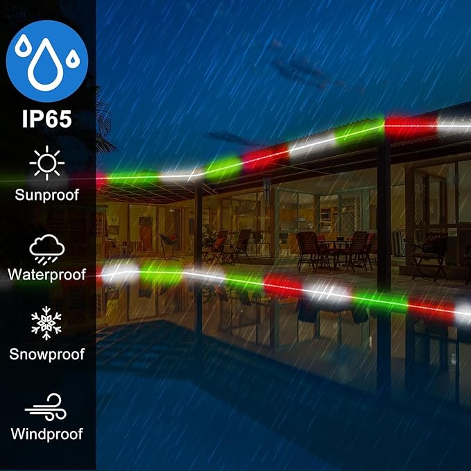 Christmas Rope Lights Outdoor, 33Ft 400 LED Red White Green String Light, Waterproof Tube Light Plug in 8 Modes Timer Memory, Permanent Christmas Lights for Tree Fence Garden Party Decorations