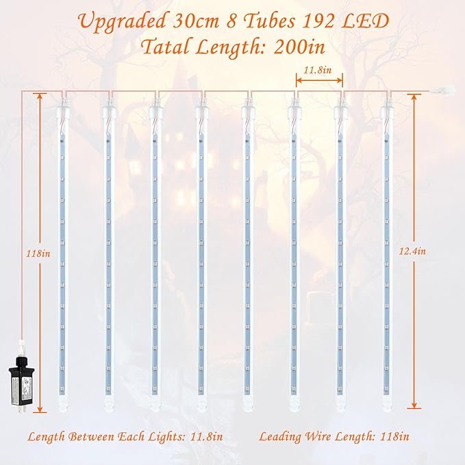 Halloween Lights Outdoor, 2 Pack Extendable Meteor Shower Lights Outdoor Waterproof with Timer, Total 384 LED 30cm 16 Tubes Cascading String Light Plug in for Halloween Yard Party (Orange and Purple)