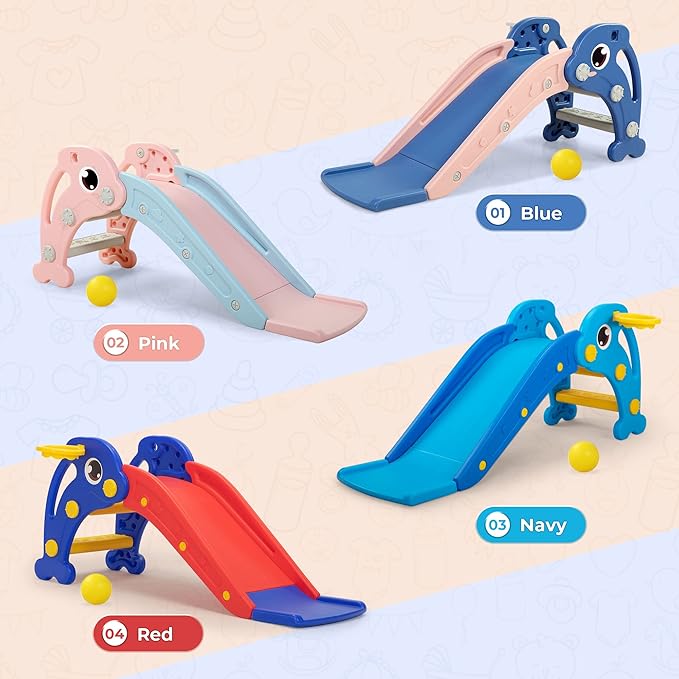 3 in 1 Toddler Slide, Baby Slide Plastic Climber Playset with Basketball Hoop and Ball, Indoor and Outdoor Playground for Kids Red