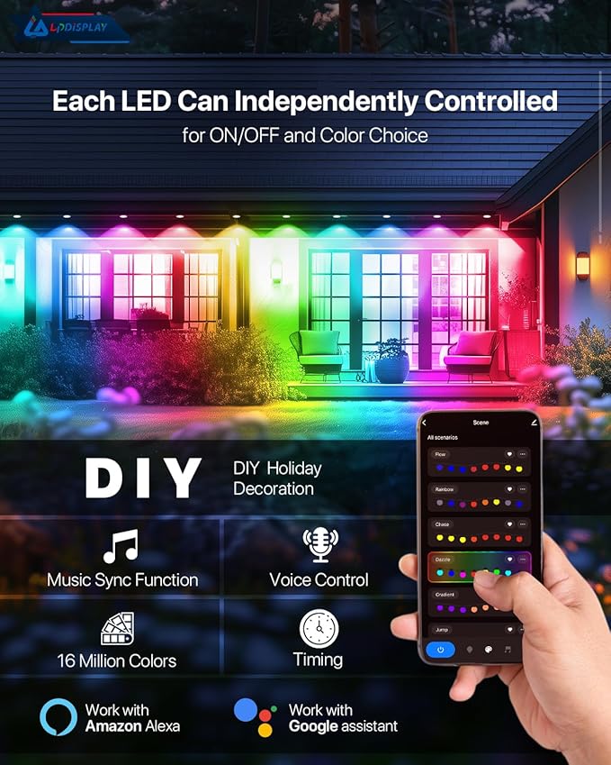 150ft 120led Permanent Christmas Lights Outdoor, RGB+IC Color Changing for Year-Round Decor (Halloween/Christmas), Ip67 Waterproof & App/Remote Control