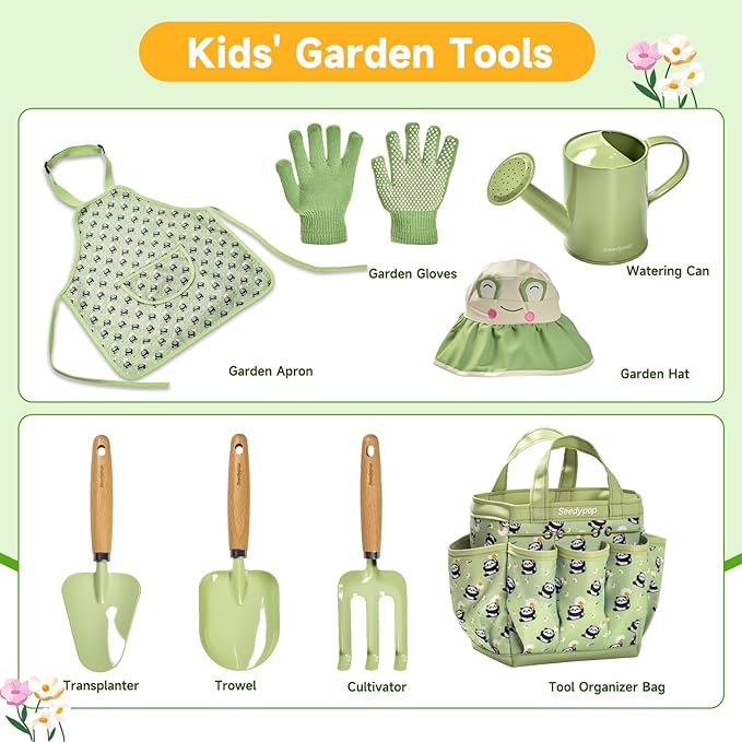 Kids Gardening Tool Set Toys - 8 Pieces Quality Garden Kit for Toddlers & Kids with Shovels, Rake, Watering Can, Hat, Apron, Gloves & Storage Bag (B-Green)