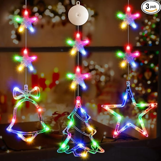 3Pcs Christmas Window Lights Decorations with Timer, Battery Powered Christmas Window Hanging Multicolor String Lighted Tree Bell Star Shaped LED Sucker for Xmas Window Fireplace Indoor Decor
