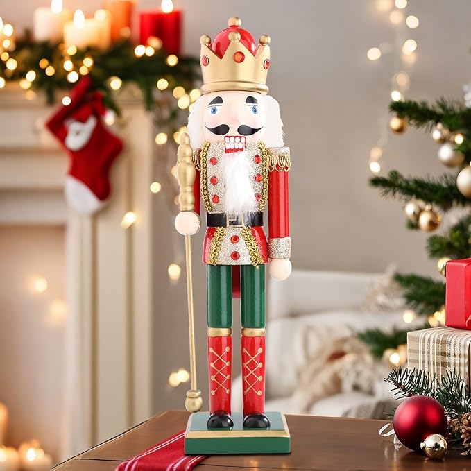 Christmas Nutcrackers Figure 15Inch 1PCS Wooden Nutcracker Ornament Nutcracker Christmas Decoration Figures for Desktop Home Decor Kids Gift Red