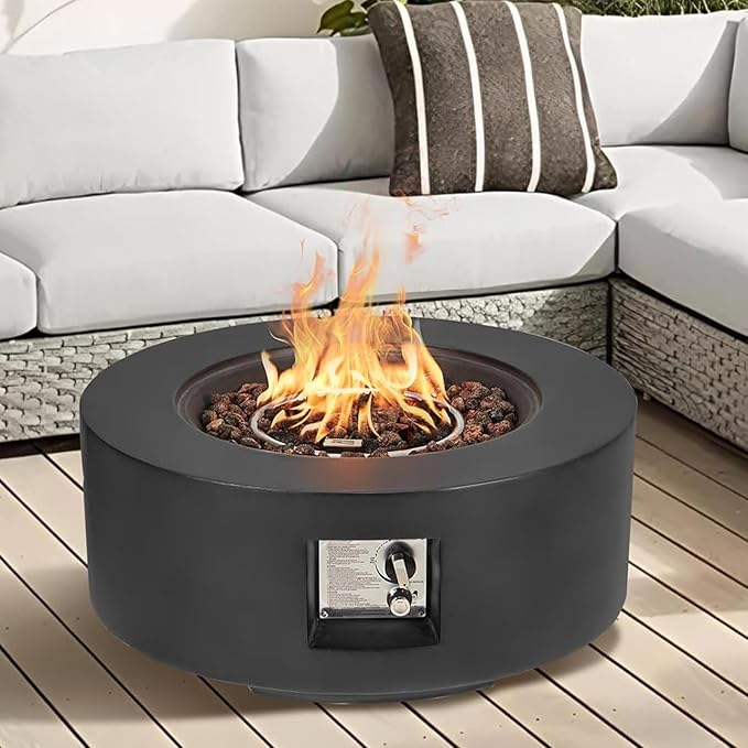 ECOTOUGE 50,000 BTU Outdoor Propane Gas Fire Pit Table, 30 Inch Auto-Ignition Round Gas Fire Pit,Steel Fire Table w/Weather-Resistant Pit Cover, Lava Rocks (Black, no Tank Holder)