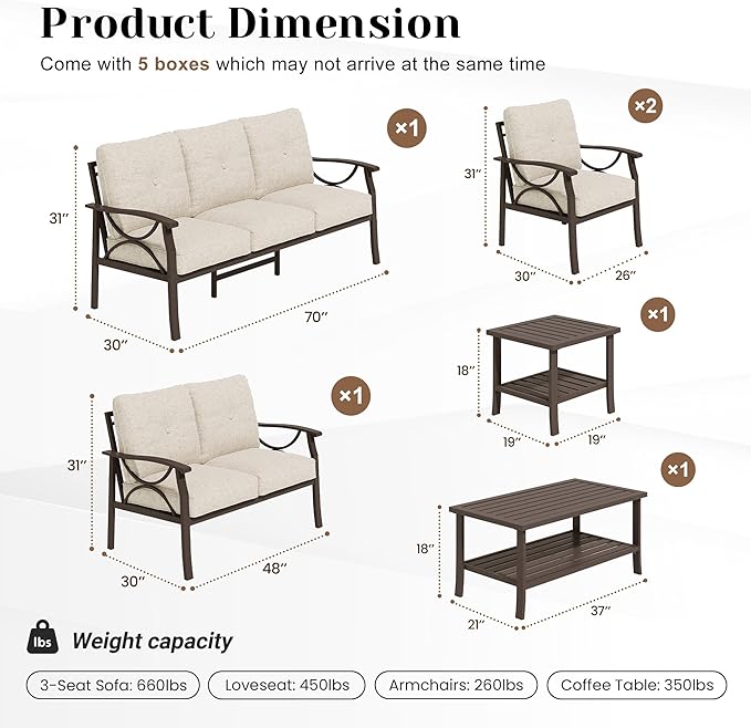 6-Pieces Outdoor Patio Furniture Set, Outdoor Metal Sectional Furniture with Cushions, Outdoor Conversation Seating Set with Coffee Table for Garden, Balcony, Deck, Backyard, Khaki