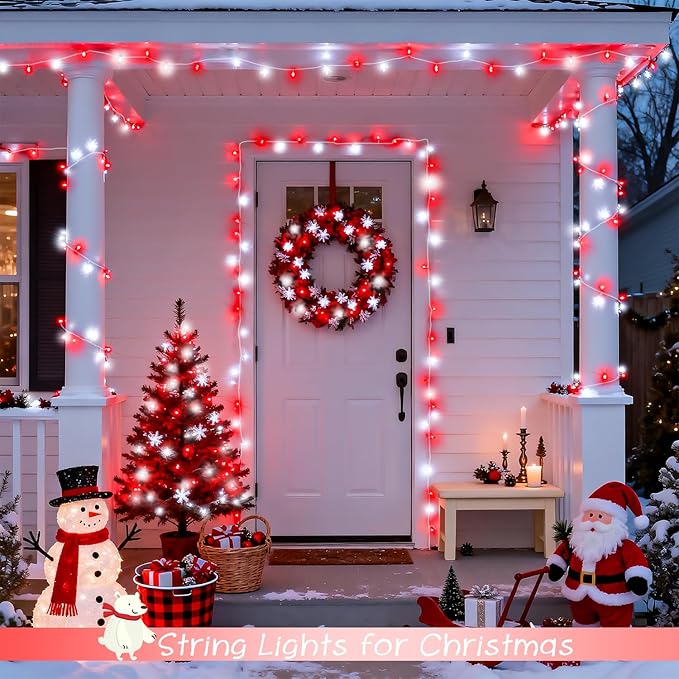 JMEXSUSS 2 Pack 100 LED Red and White Christmas Lights Outdoor, 8 Modes Connectable String Lights Indoor, LED Christmas Tree Lights Plug in for Xmas House Party Bedroom Decorations