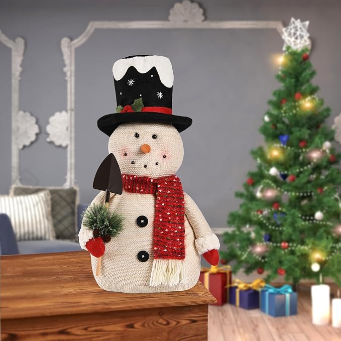 2025 Christmas Animated Snowman Decorations with Black Hat, Xmas Handmade Plush Ornaments for Indoor, Home, Bedroom Living Room and Holiday, Present for Family and Friends