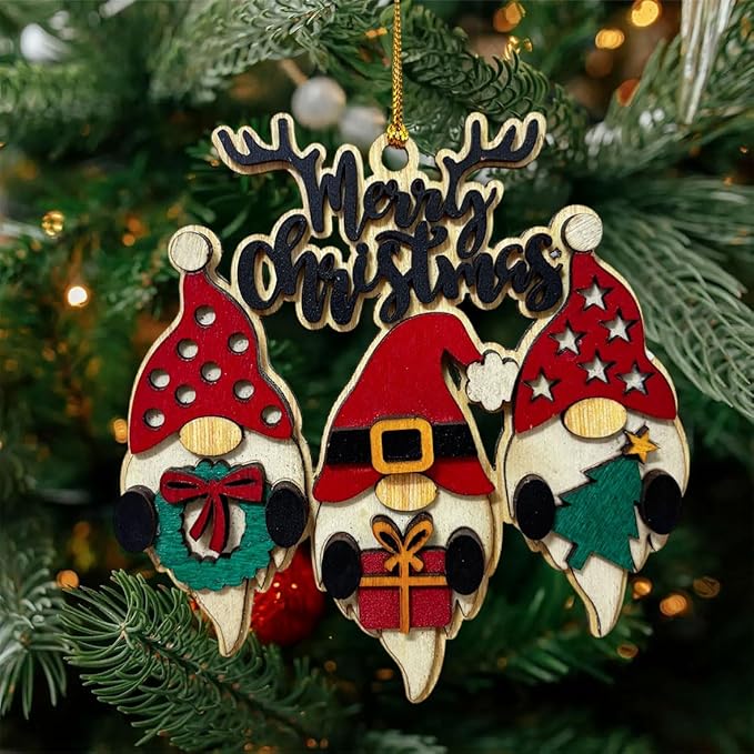 Christmas Gnome Ornament – Wooden Merry Christmas Hanging Decoration with Santa, Gift, Tree & Wreath Design, Rustic Farmhouse Christmas Tree Ornament, Holiday Decor for Home & Office
