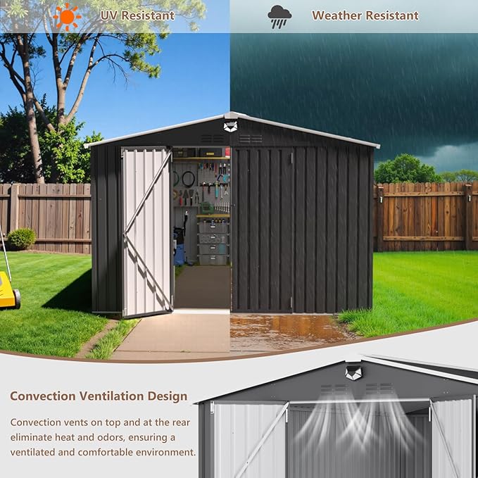 10x12 FT Outdoor Storage Shed, Metal Garden Shed - Tool Storage Sheds with Lockable Doors & 1 Vented Clear Window, Waterproof Outside Storage Building for Backyard, Patio (Black; Floor Not Included)