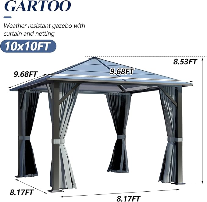 GARTOO 9.5'x9.5' Outdoor Hardtop Gazebo, Patio Gazebo with Translucent Roof, Polycarbonate Top Metal Frame Garden Tent with Breathable Mesh and Privacy Curtains for Patio Lawn Garden Backyard, Gray
