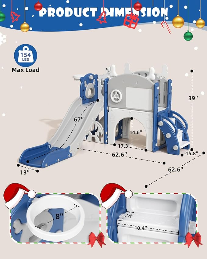 XJD Toddler Slide,12 in 1 Kids Slide for Toddlers 1-3, New Upgrade with Golf Set, Basketball Hoop, Drawing Board for Indoor Outdoor Playset,Toddler Playground (Blue White)
