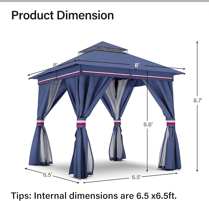 LAUSAINT HOME 8x8ft Outdoor Patio Gazebo with Double Roof, Heavy Duty Waterproof Gazebo Canopy Tent with Mosquito Netting for Backyard, Garden, Lawn & Wedding, Classic Blue