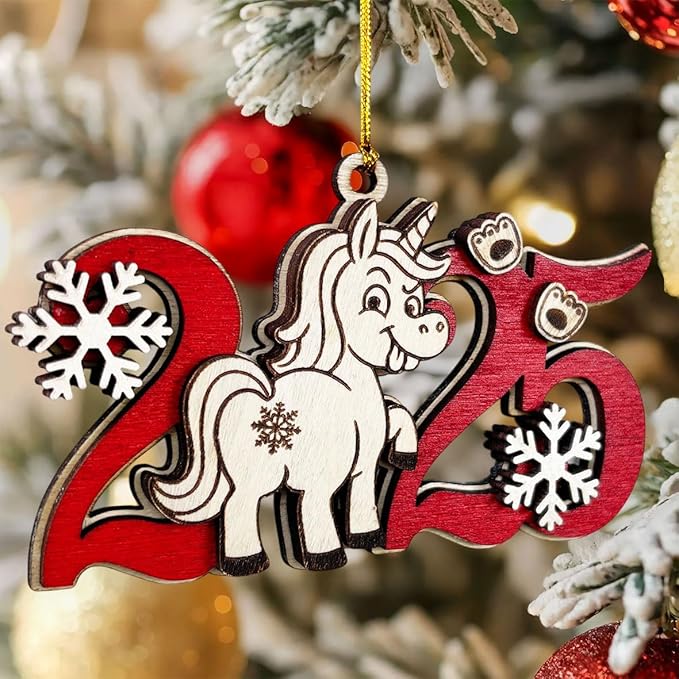 Unicorn 2025 Wooden Christmas Tree Ornament – Cute Fantasy Horse Holiday Decoration for Girls & Kids, Magical Unicorn, Wooden Xmas Ornament for Tree, Friends & Family