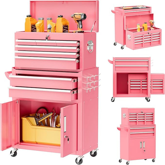 Bonusall 8 Drawer Rolling Tool Chest and Cabinet Combo,Heavy-Duty Metal Garage Tool Chest with Wheels and 2 Doors,2-in-1 Top Box and Roller Cabinet Combo for Garage, Workshop, Warehouse-Pink