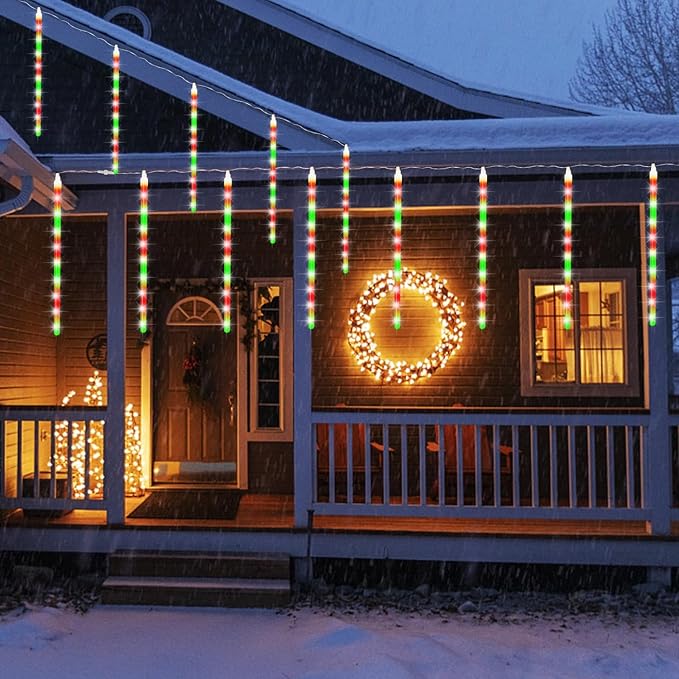 Meteor Outdoor Icicle Lights - 12 Inch, 288 LED, Snow Falling, Connectable, Red & Green, Xmas Wedding Party Tree Decor