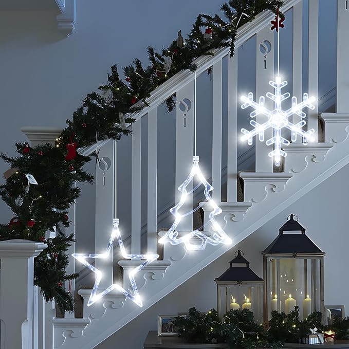 3Pack Christmas Window Lights Decorations with Timer, Battery Powered Hanging White Lighted Snowflake Tree Star Shaped LED Sucker for Xmas Tree Fireplace Indoor Decor