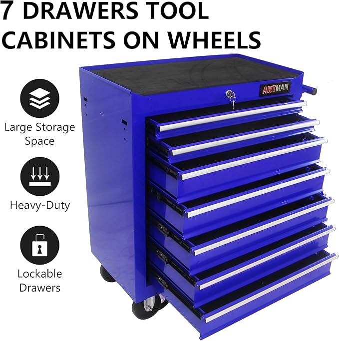 RYH 7 Drawers Rolling Tool Chest & Tool Box on Wheels | Heavy Duty Metal Cart with Ball Bearing Drawers | Fits US General Tool Box for Garage Storage (Blue, 7 Drawers£¨29.9 H ¡¿ 24.2 W ¡¿ 12.9 D)