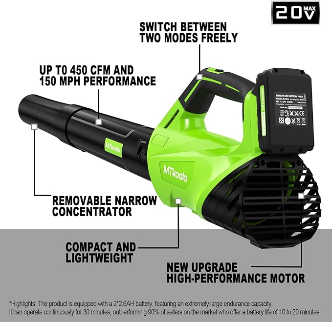 2026 Upgrade Leaf Blower, Leaf Blower Cordless with 2 * 2.6AH Batteries and Fast Charger, 450CFM &150MPH and 2 Speed Mode, Lightweight Electric Leaf Blowers for Lawn,Yard, Leaves, Dust,Snow Care