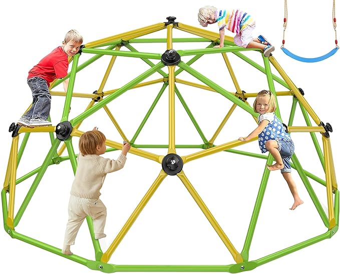 Easyego Climbing Dome, 10FT Jungle Gym with Swing for Kids 3 to 10 Outdoor Play Equipment, Supports 800lbs Toddler Play Set, Anti-Rust & Easy Assembly, Gift for Boys Girls (Green & Yellow)