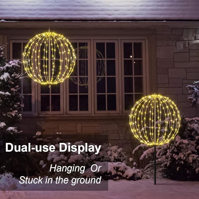Lightshare 20IN 200LED Light Ball Yard Decoration Pathway Lights Sphere Light Fold Flat Metal Frame Indoor Outdoor Waterproof Garden Lights, Plug in