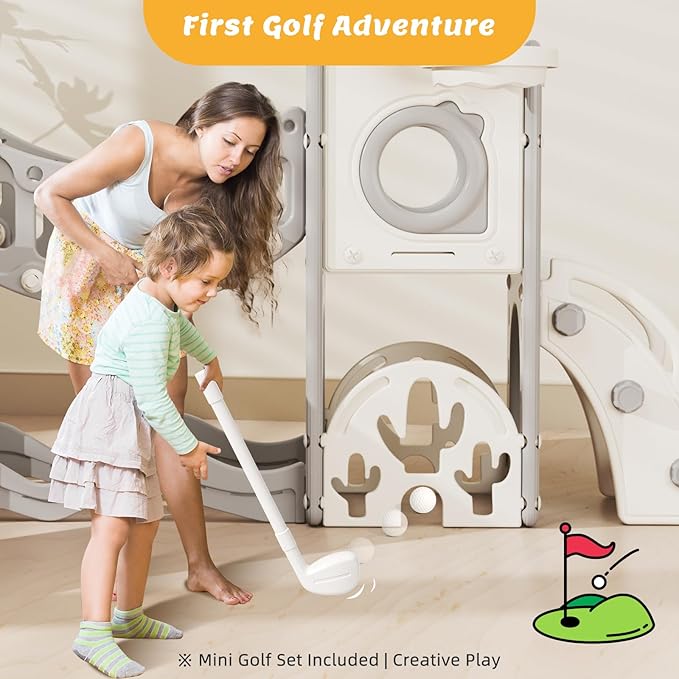 67i Toddler Indoor Playground Slide and Swing Set with Climbing Arch, Golf, Basketball - Outdoor Playset for Toddlers 1-3, Kids Activity Center (White Gray, with Swing)