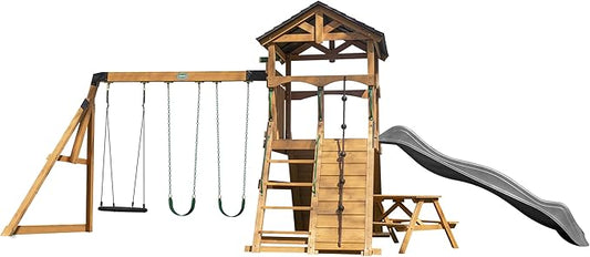 Backyard Discovery Endeavor II Cedar Wood Swing Set with Wave Slide, Play Deck, Double Rock Wall, Picnic Table, Climbing Wall, Belt Swings, Web Swing, Toy Telescope, Step Ladder, Outdoor Playset