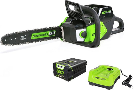 Greenworks 80V 16 Brushless Cordless Chainsaw (Great For Tree Felling, Limbing, Pruning, and Firewood / 75+ Compatible Tools), 2.0Ah Battery and Charger Included