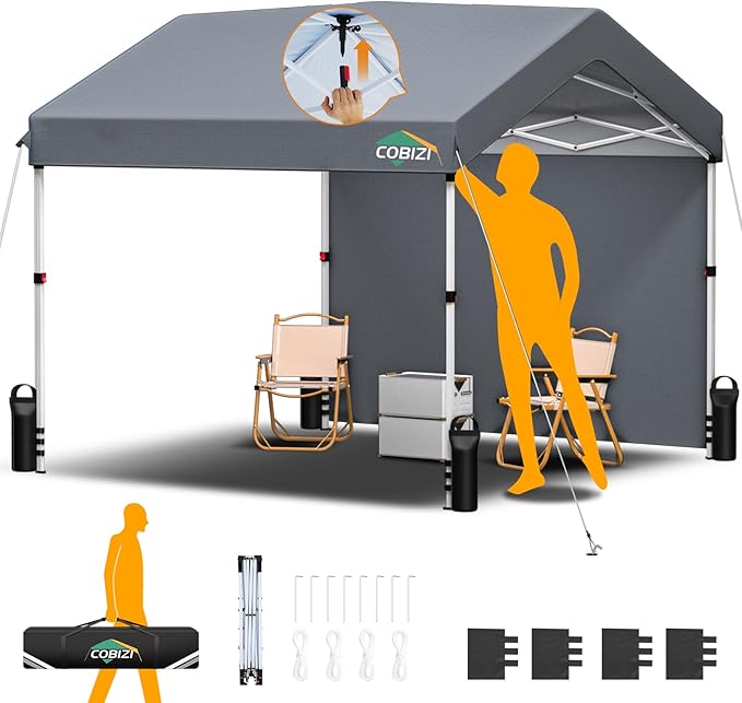COBIZI 10x10 Pop Up Canopy with One Button Push Center Lock,Ez Up Portable Carport with 1 sidewall,Waterproof UV50+ Outdoor Party Commercial Carport Canopy Gazebos with Carry Bag(10 x 10 ft Gray)