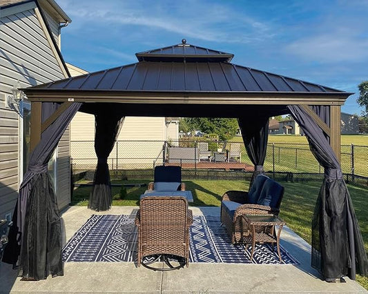 PURPLE LEAF 12' X 12' Hardtop Gazebo Canopy with Netting and Curtains for Outdoor Hot Tub Heavy Duty Backyard Sunshade Deck Metal Roof Patio Permanent Pavilion