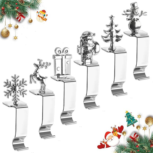 cyrico Christmas Stocking Holders for Mantle, Set of 6, Sturdy Metal Stocking Hangers for Mantel, Cute Lightweight Silver Xmas Mantle Hooks for Fireplace Window Counter Christmas Party Decoration