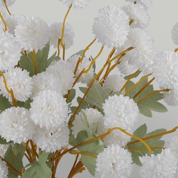 Hananona 12 Pcs Artificial Kiku Flowers, Fake White Chrysanthemum Pom Pom Mums Flower Faux Floral Arrangements Wedding Centerpiece for Fall Home Kitchen Decor (12, White)