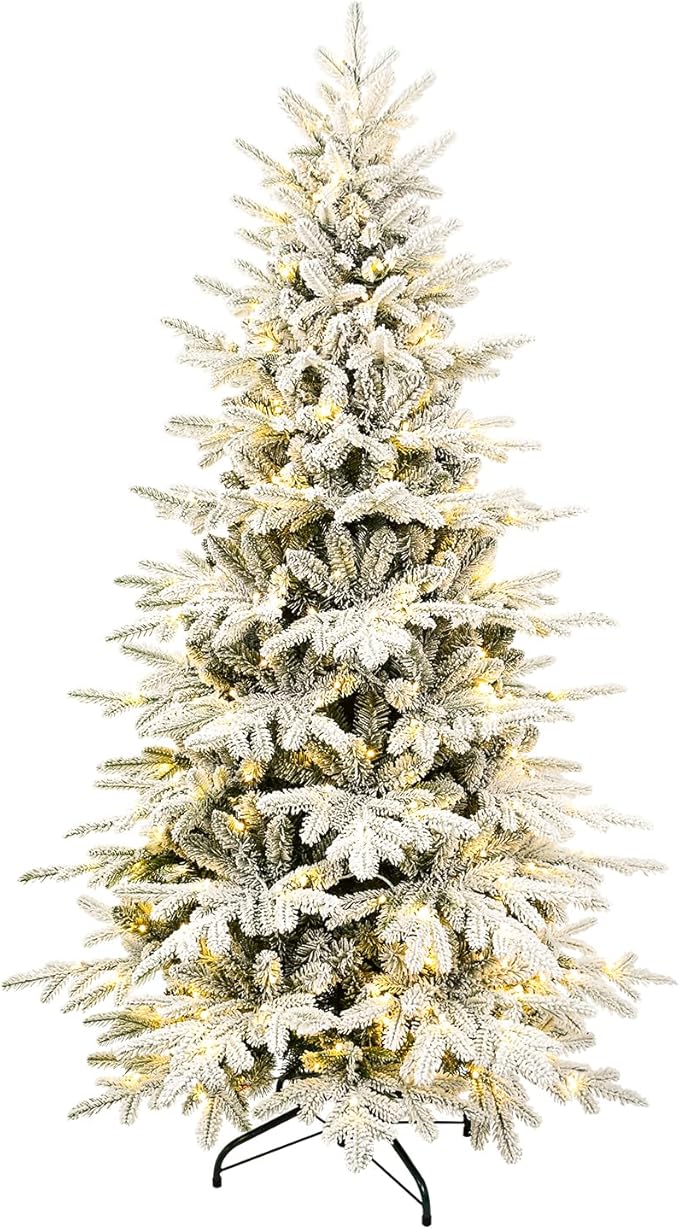 6ft Flocked Christmas Tree Prelit, Slim Artificial Christmas Tree with 300 Warm White & Multicolor Twinkle Lights,1582 PE & PVC Mixed Branch Tips for Home Office Store, Holiday Decoration