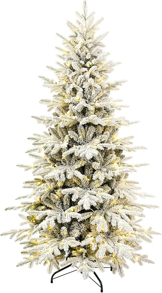6ft Flocked Christmas Tree Prelit, Slim Artificial Christmas Tree with 300 Warm White & Multicolor Twinkle Lights,1582 PE & PVC Mixed Branch Tips for Home Office Store, Holiday Decoration