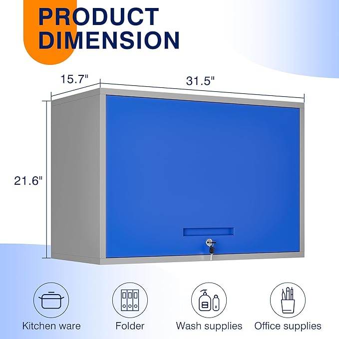 Yizosh Metal Storage Cabinet with Doors & Shelves - Wall Mounted, Floating - Blue Gray, 21.6 H - For Garage, Basement, Kitchen, Warehouse