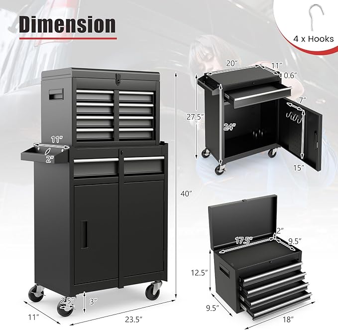 IRONMAX Rolling Tool Chest, 5-Drawer Lockable Tool Cabinet w/Adjustable Shelf & 4 Universal Wheels, 2 in 1 Detachable Tool Box Storage Organizer for Garage Workshop Repair Shop, Black