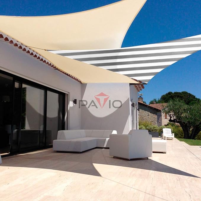 Patio Paradise 5' x 5' x 5' Sun Shade Sail Triangle Canopy Shade Cloth Fabric Sunlight Block Patio Pergola Cover HDPE Deck Awning for Outdoor Backyard Roof Shading, Gray White Strip