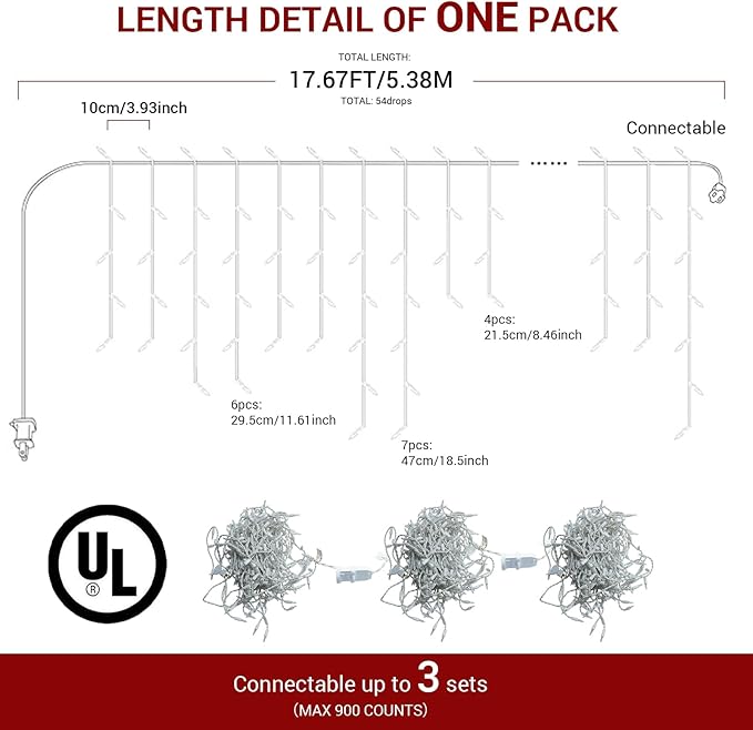 new one 2 Pack Icicle Christmas Lights for Outside Warm White 17.67FT 300 Incandescent Lights, Connectable String Lights with White Wire, 54 Drops