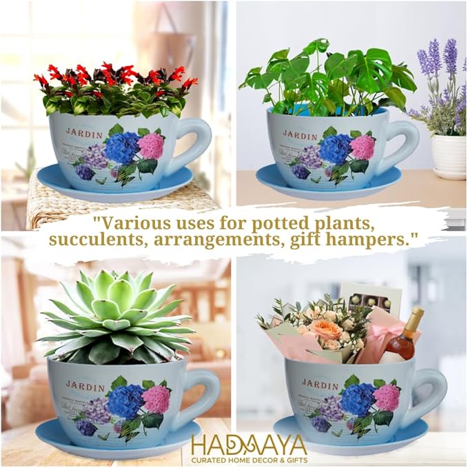 7.5" Ceramic Teacup Planter Pot with Saucer | Ideal for Succulents, Orchids, Herbs & Flowers | Indoor Use| Thoughtful Gift for Christmas, Birthday & More – Blue Hydrangea Jardin