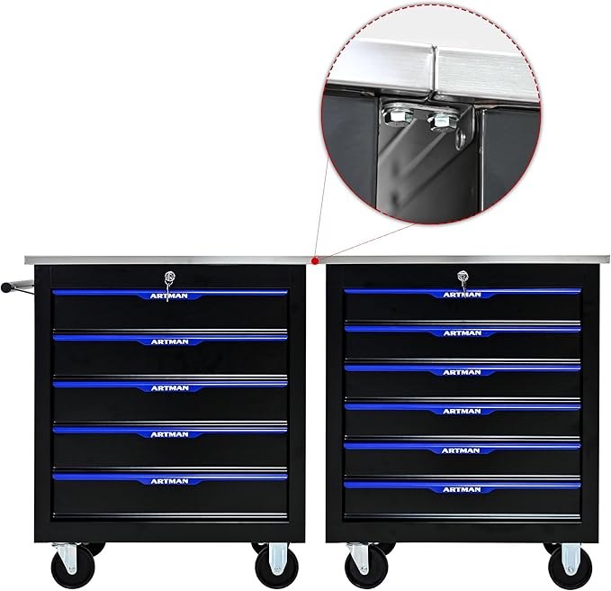 RYH 4/5/6/7 Drawers Rolling Tool Chest -Heavy Duty Mobile Metal Tool Box with Locking Wheels, with Stainless Steel Worktop, Garage Tool Storage Cabinet (Black-Blue, 5-Drawers 30.7 H¡¿25.9 W)
