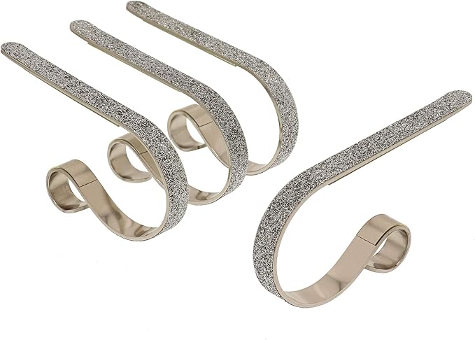 Haute Decor The Original MantleClip Stocking Holder- 4 Pack (Glitter Silver) - Hang Christmas Stockings Safely and Securely from Mantels Up to 3 Inches Thick